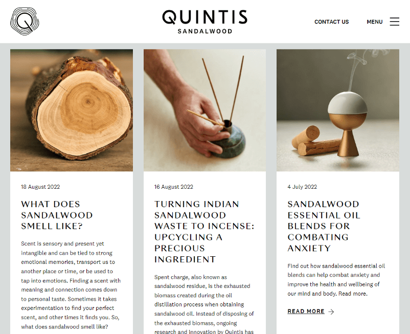 Screenshot of Quintis news section on website