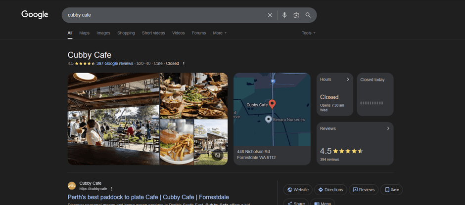 Cubby Cafe GMB screenshot