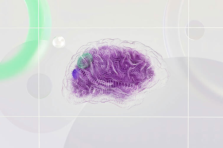 Illustration of a purple brain with random circles in the background