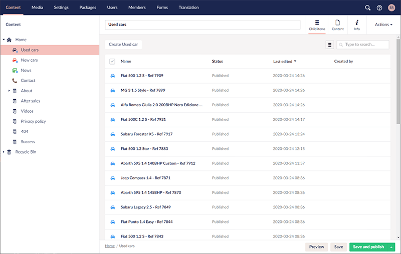 Screenshot of the Umbraco CMS with an example of how a used car dealership has been built